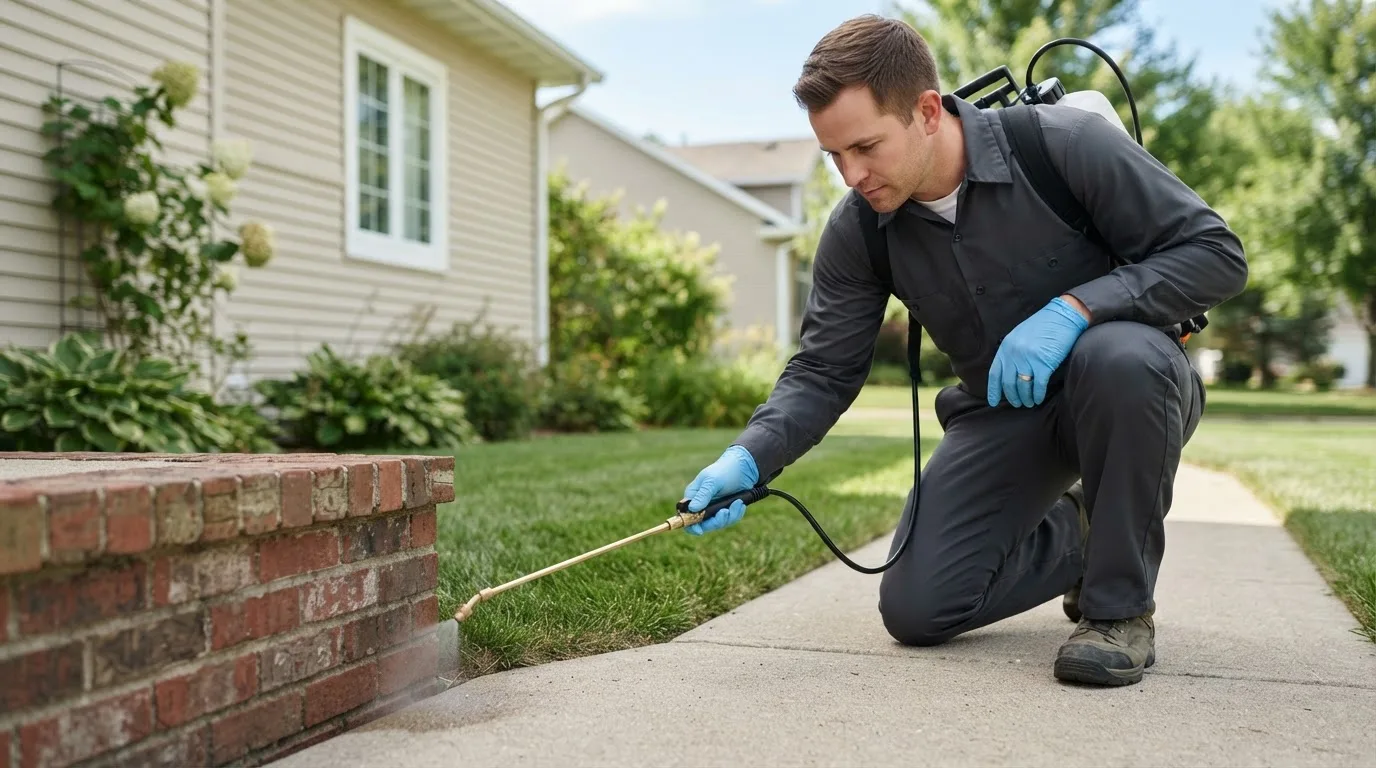 Pest control technician treating a home near West Manchester, OH