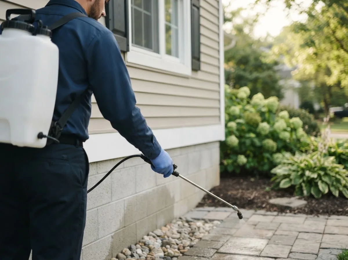 Pest control technician inspecting a home in West Manchester, OH